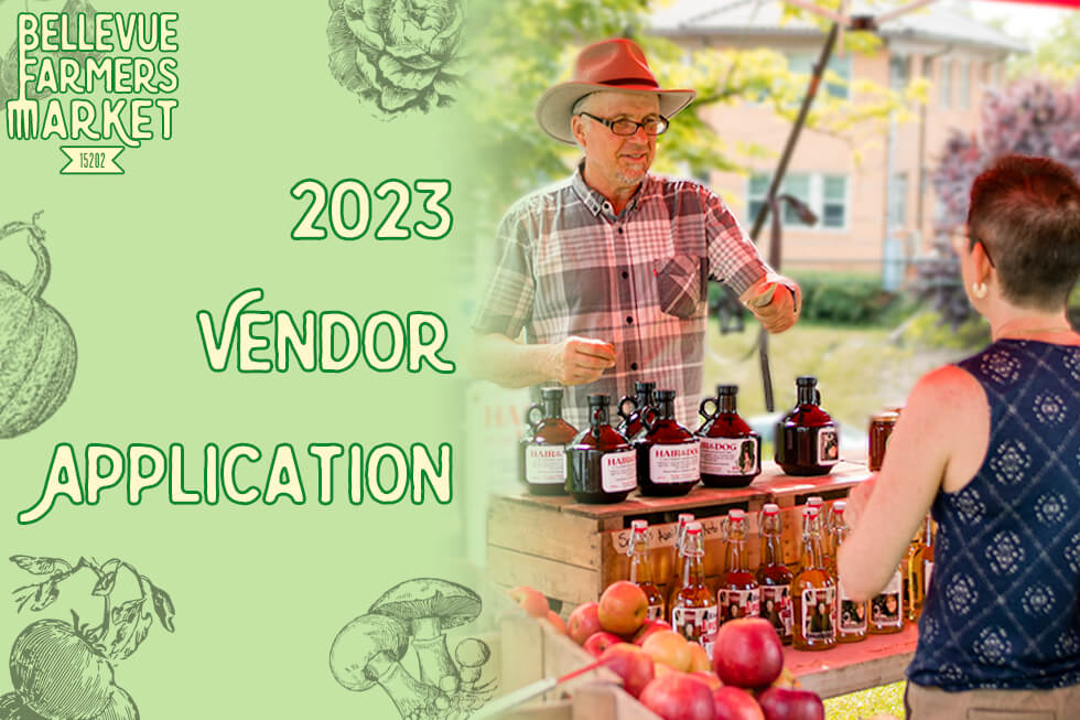 Image of a man selling apples and apple cider to a woman at an outdoor booth, with the words 2023 Vendor Application